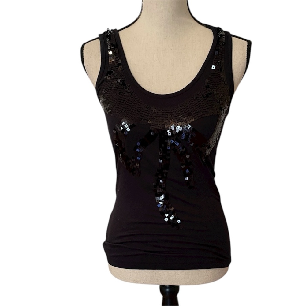 Miley Cyrus & Max Azria Black Sequin Bow Tank Top Layering Holiday Career Size M